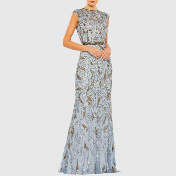 Mac Duggal 5532 Size 8 Blue Gold Beaded Sequined Column Gown Long Maxi Dress - Picture 3 of 6